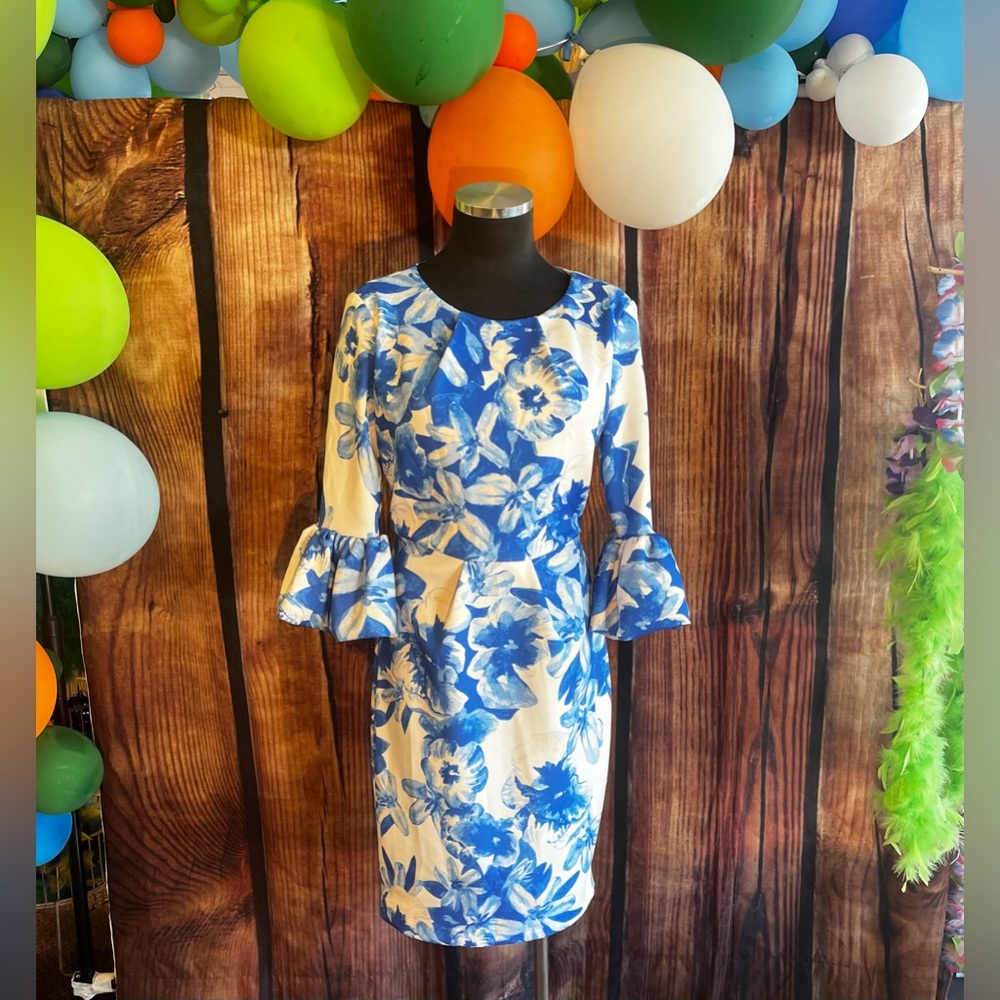 White and blue floral print long sleeved summer dress
